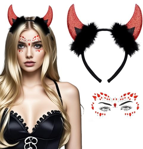 XDGBGFN Serre-tête cornes de diable avec tatouage, visage, pierres, costume de diable, accessoire de costume de diable, cornes de diable, accessoires pour femme, pour carnaval, cosplay, Halloween