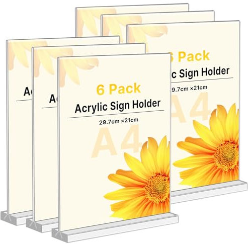 Lanswood A4 Acrylic Sign Holder 6 Pack Double Side Clear Menu Holder, T-Shaped A4 Display Stand for Tables Office School Home Restaurant Fairs