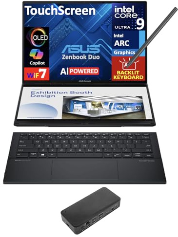ASUS Zenbook Duo AI Powered 2-in-1 Laptop 14.0 Touchscreen OLED 2.8K Display (Intel Ultra 9-285H, 32GB LPDDR5X, 4TB PCIe SSD, Active Pen, Backlit KB, 2 Thunderbolt 4, WiFi 7, Win 11 Pro) w/USB-C Dock