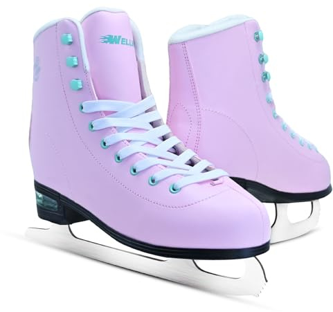 WELLWON Ice Skates for Women, Adult Figure Skates with Air Cushion, Classic Pink Figure Skating Shoes Size 8.5 with Velvety Lining for Indoor& Outdoor