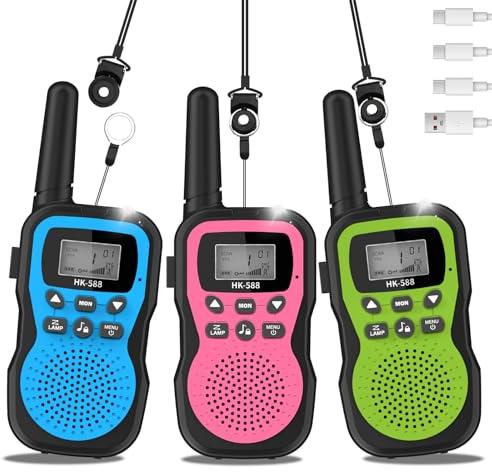 Talkies-Walkies électroniques pour Enfants (Lot de 3), Rechargeables, 8 Canaux, Autonomie 48h, Torche Intégrée, Portée 3KM, Âge 3+, Garçons et Filles – Idéal pour Camping et Activités Extérieures