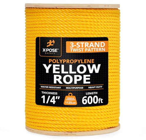 Yellow Twisted Polypropylene Rope, 1/4 Thickness x 600' Length Heavy Duty Poly Ropes for Outdoor and Marine Use, Yellow Rope for Visibility & Safety