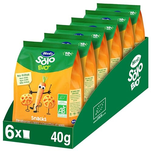 Hero Solo BIO - Snack Carotte et Mais Biologiques - pour Bébés Des 10 Mois - non Frits, 100% Naturels, Sans Gluten, ni Conservateurs ni Colorants et Sans sel Ajouté - Lot de 6 X 40 g