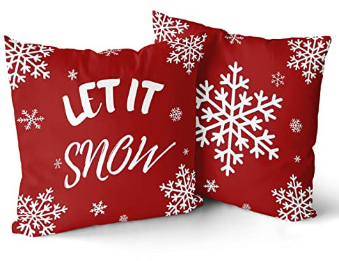 Happy Winter Kissenbezüge Kissen 2er-Set Let It Snow Snowflake Red Merry Cotton Kissenbezug Personalisierter Kissenbezug Zimmer Schlafzimmer Sofa Dekoration Quadratisch 45,7 x 45,7 cm