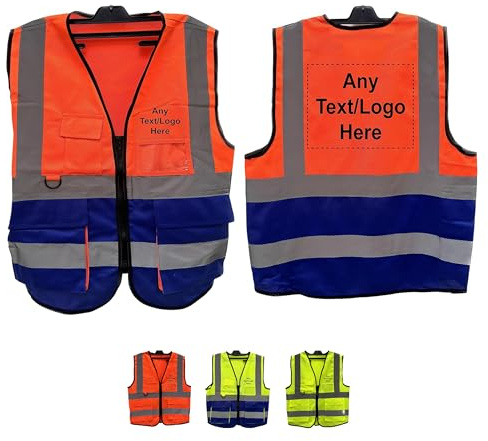 PB TECH Personalised Printed Reflective Hi-Viz Vest, High Visibility hi viz Reflective Vest, Custom Logo Class 2 hi vis Zipper With Phone ANd ID Pockets