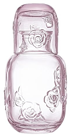 Sizikato 15 Oz Rose Embossed Pink Glass Bedside Night Water Carafe with Tumbler Glass.