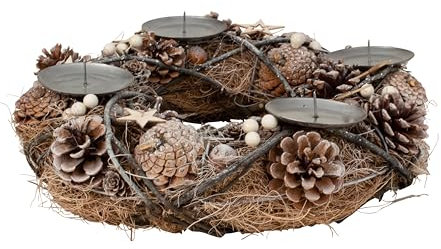 Couronne de l'Avent de Noël en Plusieurs matériaux - Ronde avec décoration Blanc/argenté/Marron pour Bougies - Diamètre : 34 cm