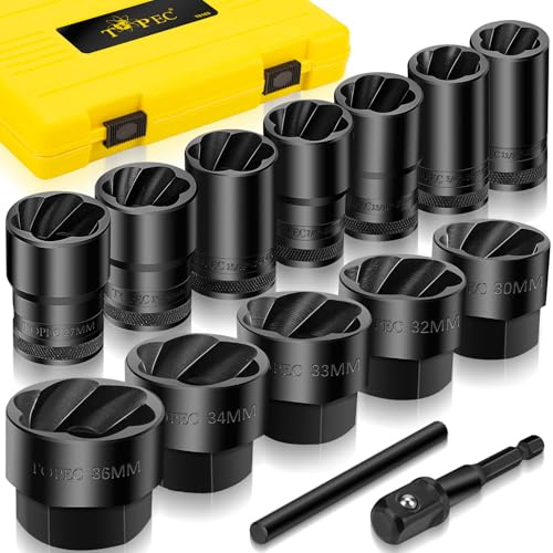 Topec Large Lug Nut Remover Socket Set 17-36mm, 1/2 Drive Wheel Lock Removal Tool, Heavy Duty Bolt Extractor Kit for Stripped, Damaged, Rounded Spindle Axle Nut, 14-Piece
