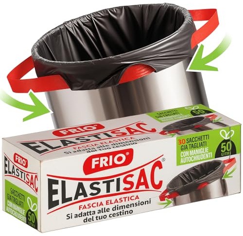 FRIO - Elastisac 50L, 30 Sacchetti Spazzatura con Maniglie Elastiche Autochiudenti, Posizionamento Facile Senza Sforzo, per Pattumiera Rifiuti e Immondizia, Ultra Resistenti, già tagliati 68x72 cm