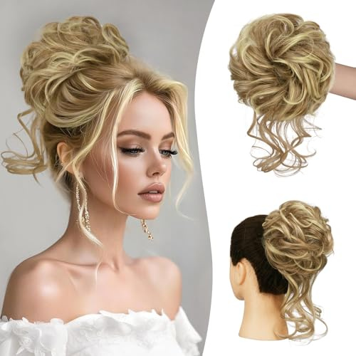 Sofeiyan Moños Postizos, Voluminoso Postizos de Pelo con Goma Rizado Sintética Donut Moño Extensiones Extensiones de Cabello Moño de Pelo Ondulado Postizo para Mujer, Rubio Sucio con Rubio Claro