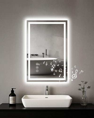 LED-badrumsspegel 40 x 60 cm, Bluetooth, touchdimmer, 3 färger, anti-dimma | Touchknapp, 3 ljusfärger, dimbar, anti-dimma, Bluetooth-högtalare, kopparfritt glas, IP44