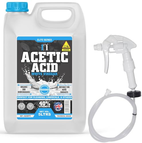 White Vinegar 5L Acetic Acid 40% 8 x Stronger Than Regular Spirit White Vinegar Cleaning for Sanitising & Cleaning - Deodorises & Removes Grime Descaler with Long Hose Trigger (5 Litre)