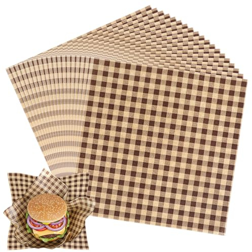 WLLHYF 100Pcs Wax Paper Sheets for Food 7x7 In Checkered Deli Paper Sheets Greaseproof Sandiwch Wrapping Papers Elegant Basket Liners for Parties, Picnics, and Outdoors