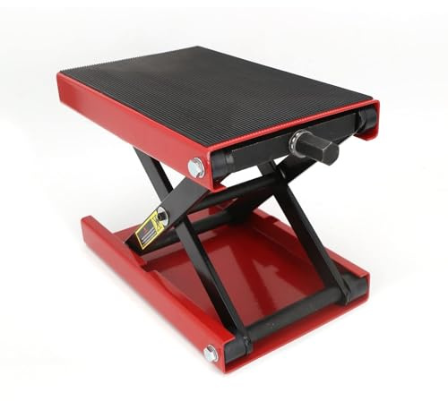 SUNNYNEST Motorcycle Lift 1100lb Motorcycle Scissor Lift Jack with Wide Deck & Safety Pin 4-13inch Center Hoist Crank Stand Steel Scissor Jack for Street Bikes Cruiser Bikes Touring Motorcycles (Red)