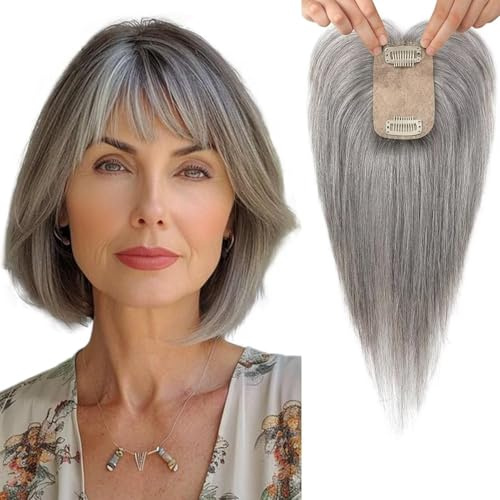 RUNRAYAY Prótesis capilar con base ancha, flequillo postizo con clip, solución perfecta para cabello fino, 25 cm (10 pulgadas), color gris.