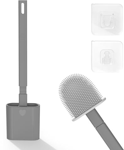 Toilet Brush, 1 Pack Bathroom Silicone Toilet Brushes and Holder Sets with No-Slip Long Plastic Handle and Soft Flexible Bristles, Toilet Brushes with holders and Base for Anti-drip (Grey)