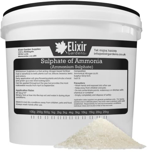 Elixir Gardens Ammonium Sulphate Fertiliser NPK 21-0-0 10kg Tub | Fast acting Nitrogen based fertiliser 10kg Tub Treats 500sqm