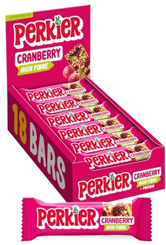 Perkier Cranberry Bars (18 Bars), Vegan, Gluten Free, Protein, Lower Sugar, Office Snacks, Healthy Snacks for Adults, Low Calorie, Halal, Breakfast Bar, High Fibre, Gut Health, Multipack