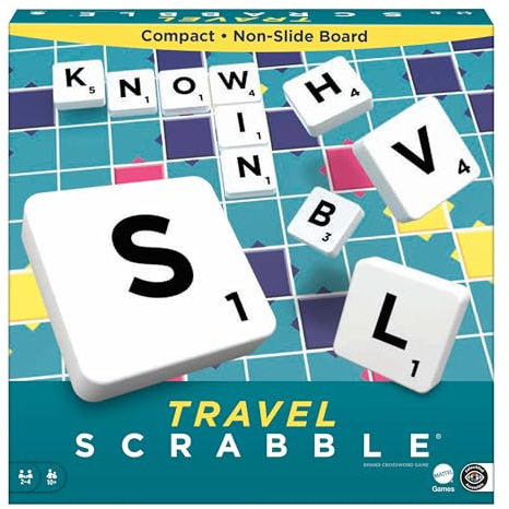 Mattel Games Scrabble Travel Game, Portable and Compact, 2-4 Players, Includes Playing Board, 4 Racks, 100 Letter Tiles, a Tile Bag, and Rules, UK Version, 10Y+, CJT11