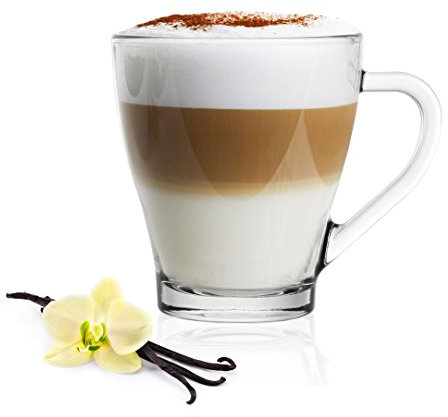 Juego de 6 vasos para capuchino, café con leche, té, etc. con asa y con 6 cucharillas de acero inoxidable