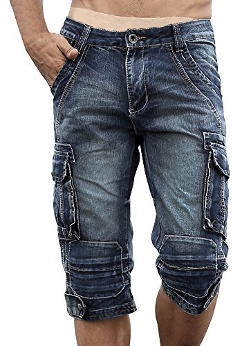 Idopy Men`s Cargo Denim Biker Jeans Shorts with Zippers Blue 36