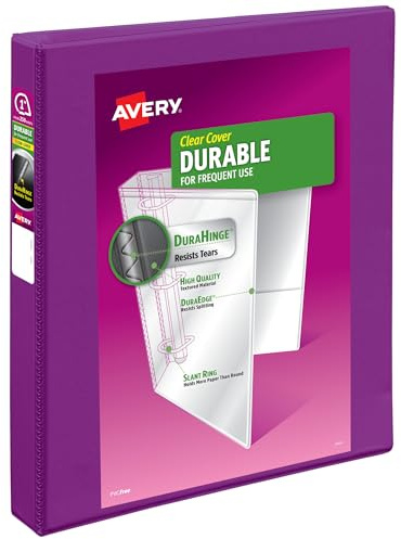 Avery Durable View 3 Ring Binder, 1 Inch Slant Rings, 250-Sheet Capacity, DuraHinge, 1.4 Inch Wide Spine, Customizable Clear Covers and Spine, 1 Bright Purple Binder (17294)