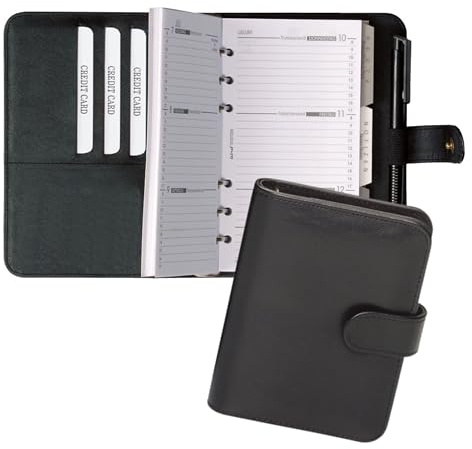 BIND 17501 Systemplaner A7 aus FINEtouch-Lederimitat, schwarzer Timeplaner, Mappe ca. 14 x 11,5 x 3 cm, Kalendermappe mit Systemeinlage mit Kalender 1 Woche=2 Seiten, Planer mit Druckverschluss