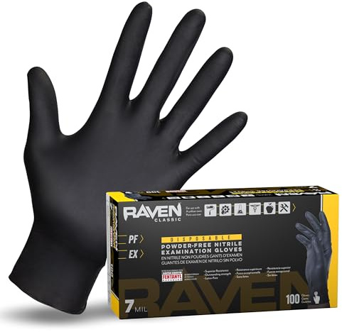 SAS Safety 66518 Raven Powder-Free Disposable Black Nitrile 7-Mil Gloves, Large, 100 Gloves by Weight