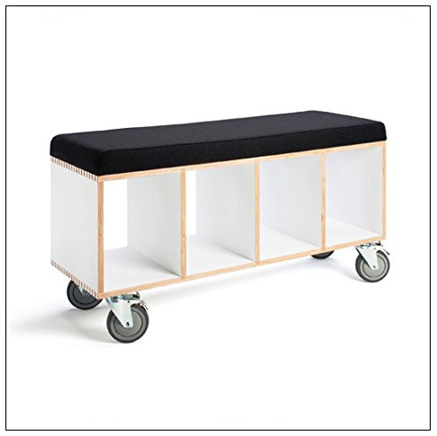 OFFI White Laminate Bench Box with Upholstered Pad Co, Fabric = Gray Wool; Supports = Casters …
