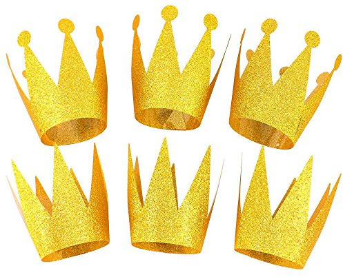 Boieo Gold Party Crowns for Kids 6 Pack, Mini Glitter Paper Hats, Prince and Princess Style, Adjustable DIY Birthday Crown for Boys and Girls, Classroom Celebration Photo Props