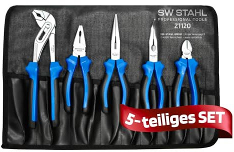 SW-Stahl Z1120 Zangensatz, 5-teilig I Werkzeugset mit Tasche I Handwerkzeug-Set 5-für Elektriker I Zangen-Set 1 kg I langlebige Chrom-Vanadium-Zangen 60 HRC I präzises Schneiden & rutschfeste Griffe