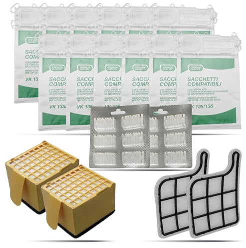 Kit Risparmio 12 Sacchetti Folletto VK135 VK136, 12 Profumi, 2 filtri HEPA, 2 Filtri Griglia Motore | Ricambi Compatibili per Folletto 135/136 | Soluzione Tutto-in-Uno per Casa Pulita e Ordinata