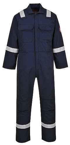 Portwest BIZ5 Bizweld FR Men's Coverall Flame Resistant Welding Overall Safety Gear 100% Cotton Reflective Tape Knee Pad Pockets Molten Metal Splash Protection, Navy Tall, XXL