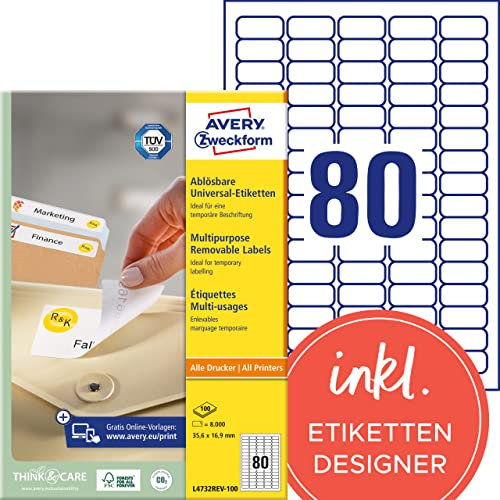 AVERY Zweckform L4732REV-100 Universal Etiketten (8.000 Klebeetiketten, 35,6x16,9mm auf A4, wieder rückstandsfrei ablösbar/abziehbar, individuell bedruckbare, selbstklebende Aufkleber) 100 Blatt, weiß