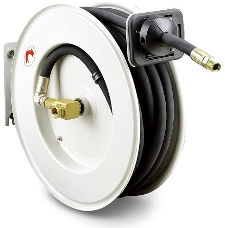ReelWorks Oil Hose Reel Retractable 1/2 Inch x 50' Foot Long Premium Commercial SAE100R1AT Hose Max 2320 Psi Spring Driven Steel Construction Heavy Duty Industrial Single Arm and L-Shape Base