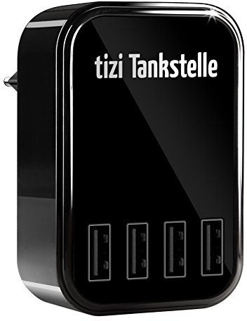 tizi Tankstelle Eco (4 Ports). Caricatore USB a 4 Porte, Universale Come Alimentatore Domestico e da Viaggio per la Presa, Compatibile con iPhone, iPad, Smartphone