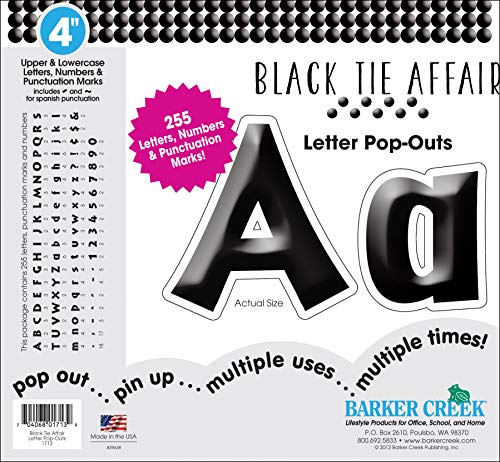 Barker Creek Letter Pop-Outs, 4 Black Tie Affair, Classy Black Designer Letters for Bulletin Boards, Breakrooms, Reception Areas, Signs, Displays, And More! 4, 255 Characters per Set (1713)