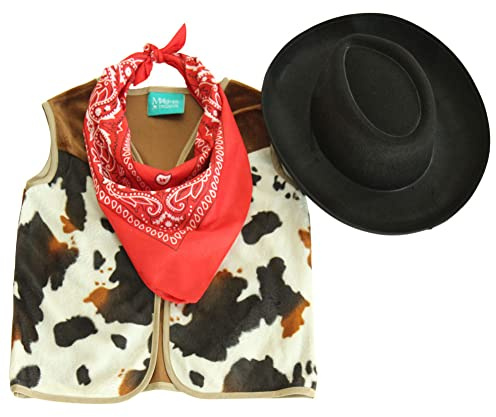 Making Believe Kids Western Rodeo Cowboy or Cowgirl Classic Costume Set - Vest, Black Hat, Bandana, Size 4-5