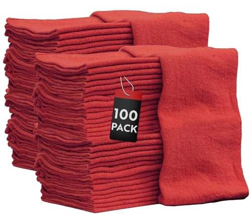 Nabob Wipers Auto Mechanic Shop Towels 100 Pack Bulk Rags 100% Cotton Commercial Grade Shop Rags Size 14x14 (100 Pack, Red)