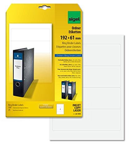 SIGEL LA430 Ordner-Etiketten selbstklebend, bedruckbar, für breite Ordner, kurz, weiß, 100 Etiketten