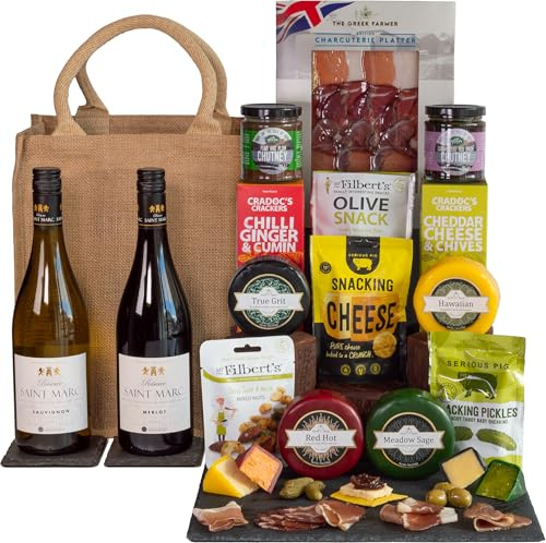 InterHamper | Wines and Cheeses Charcuterie Galore Hamper Gift with Cured Meat all presented in a Hessian Bottle Bag