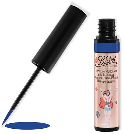 LaDot Wasserfester Tattoo Liner 4ml blau. Für temporäre Tattoos zum Selbstgestalten, Ausmalen und Verzieren. Vegan, tierversuchsfrei und hypoallergen. Wasserfest, hält mehrere Tage.