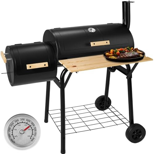 tectake® Barbecue Grill XL BBQ à Charbon Smoker Fumoir Viande et Poisson 3 en 1 avec 2 Cuves, Thermomètre intégré, Roues, Tablette, Grille de Rangement pour Cuisine à la vapeur Cuisine extérieure
