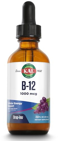 KAL B12 1000 mcg DropIns, High Absorption Liquid B12 Vitamin, Healthy Energy Supplements for Metabolism, Heart Health, Nerve, Red Blood Cell Support, Natural Grape Flavor B12 Drops, 196 Servings, 2oz