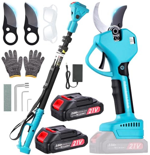 Tijeras de Podar Eléctricas 50mm, tijeras de podar telescópicas con Pértiga 2m- 2 Baterías 21V/2.0Ah, Pantalla Digital, 2 Hojas SK5, Ideal para Viñedos, Jardinería y Granjas (Azul Agua)