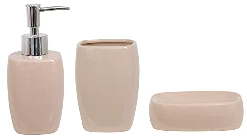 MSV Lot d‘Accessoires Salle de Bains 3 pièces Céramique - Distributeur de Savon, Porte Savon, Gobelet - Beige