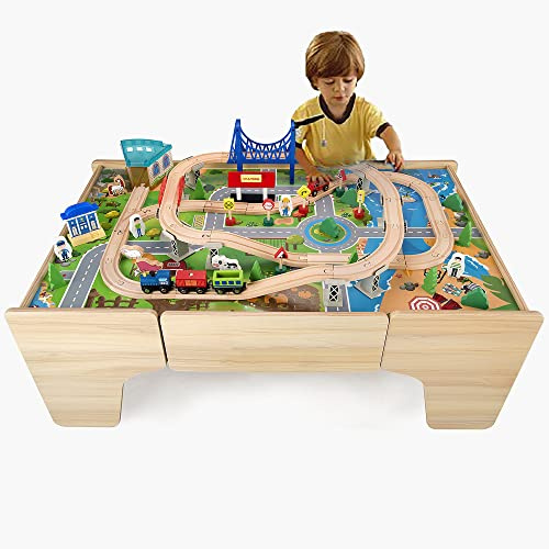 Hooga Wooden Kids Activity Table, 80 Piece Train Playset Including Wooden Track and Bridges, 3-in-1 Multi Usage Kids Playtable With Storage Drawer (80 PCS, 92 x 60 x 40 cm) | with Storage Drawer, Reversible Children’s Play Desk, Educational Gift for Girls & Boys, 92 x 60 x 40 cm