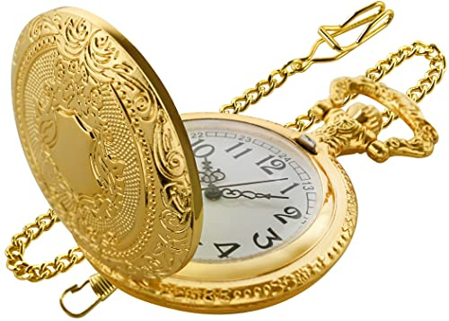 Realpoo Gold Shield Men's Pocket Watch, Arabic Numeral Digital Scale Men's Quartz Pocket Watch, Quartz Pocket Watches with Chain-Gold