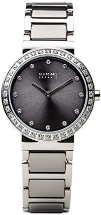 BERING Damen Quarz Uhr | Armbanduhr 29 mm silbernes Edelstahlgehäuse und graues Zifferblatt | Edelstahlband mit Keramikelementen | 5 ATM | 10729-703