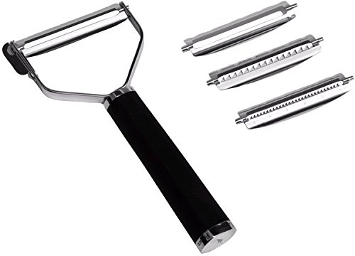 KAI Michel Bras pelador universal con 4 cuchillas - 2x filo liso / 2x filo juliana - pelador en T de acero inoxidable con cuchilla de 5,7 cm / mango de 10 cm - pelador de verduras, frutas y espárragos
